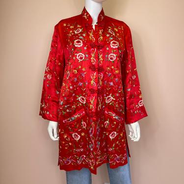 Vtg red silk fully embroidered Chinese jacket / tunic 