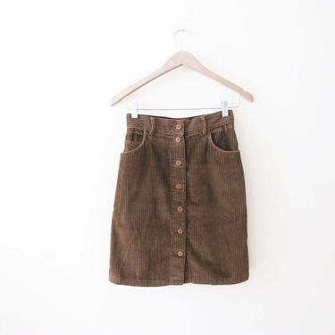 Vintage 90s Wide Wale Corduroy Mini Skirt S 25 - 1990s Eddie Bauer Brown Corduroy Skirt - Button Front A Line Mini - Chunky Cord Skirt 