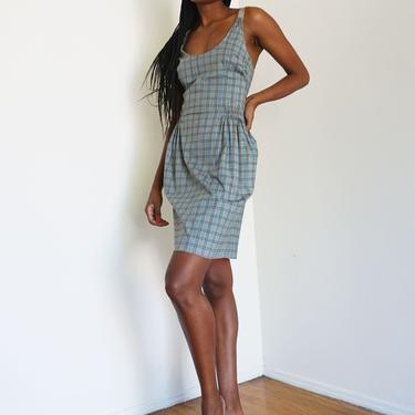 PRADA Y2K Blue Checkered Corset Style Racerback Dress with Exposed Zipper XS S 38 Cotton 