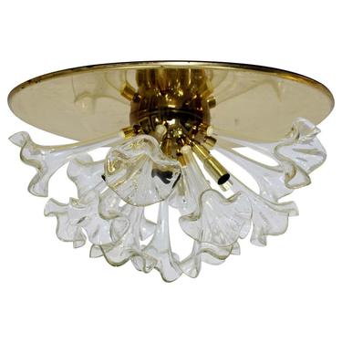 Modern Murano Italy Handblown Glass Flowers Brass Pendant Light Fixture 70s 