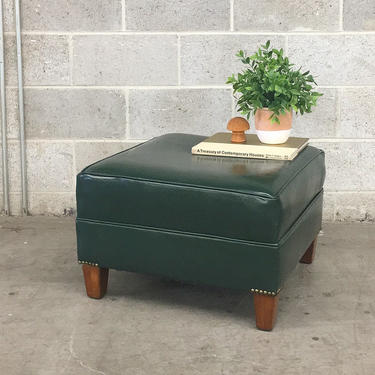 Vintage Ottoman Retro 1980s Hunter Green Leather + Industrial Style + Square Shape + Coffee Table Ottoman + Home Decor and Seating 