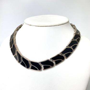 Vintage Taxco 950 Sterling Silver Black Onyx Inlay Hinged Modern Necklace TL-105 