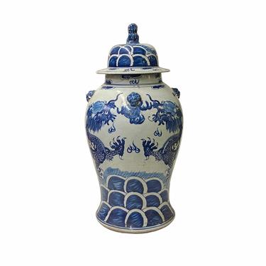 Chinese Blue White Porcelain Double Dragons Graphic Temple Jar ws1730E 