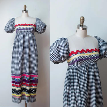 1960s Gingham Puff Sleeve Dress / 60s Checkered Maxi Dress Betty carol 