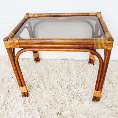Vintage Woven Bamboo Side Table with Glass Top 