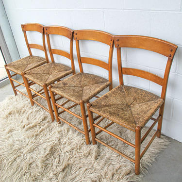 Set of 4 - Rustic Vintage Wood and Rush Woven Chairs 