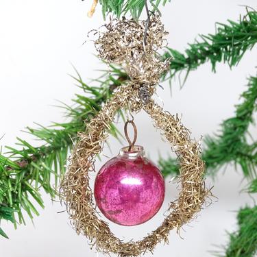Early 1900's Victorian Christmas Ornament, Antique Mercury Glass Ball in Tinsel Wreath, Vintage Decor 