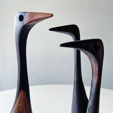 Impressive Sculpture Carved Ebony Bird Set Handmade Vintage Mid Century Abstract 