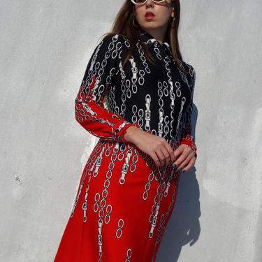 1970s Chain Printed Red and Black Contrast Dress 