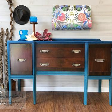Hand Painted Restored Ombre Blue Vintage Sideboard Credenza