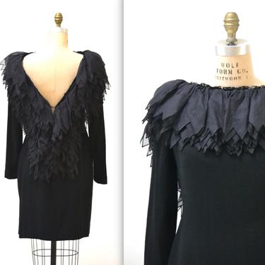 Vintage Black Dress Black Medium Large Ruffle Neckline by Alfred Bosand  // 90s Vintage Black Cocktail Dress Wool and Silk Party Dress 