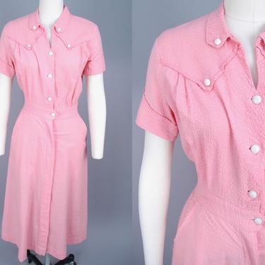 1950s Pink Seersucker Dress | Vintage 40s 50s Shirtwaist Dress with Pockets | small / medium 