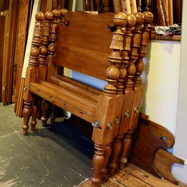 Pair of Ball & Bell Beds in Maple, Original Carved Bell Fooposts Circa 1830. Twin size w/ Ram's Ear Headboards in Pine