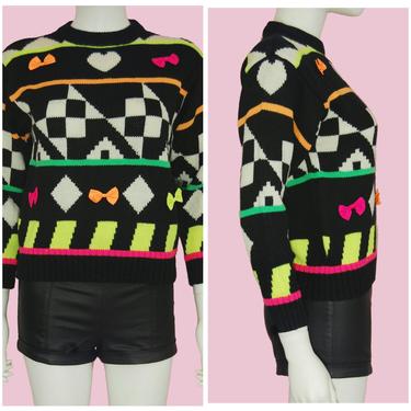 Vintage 90's Colorful Sweater Neon Color Checker Print Cute Sweater XS by VintageAlleyShop