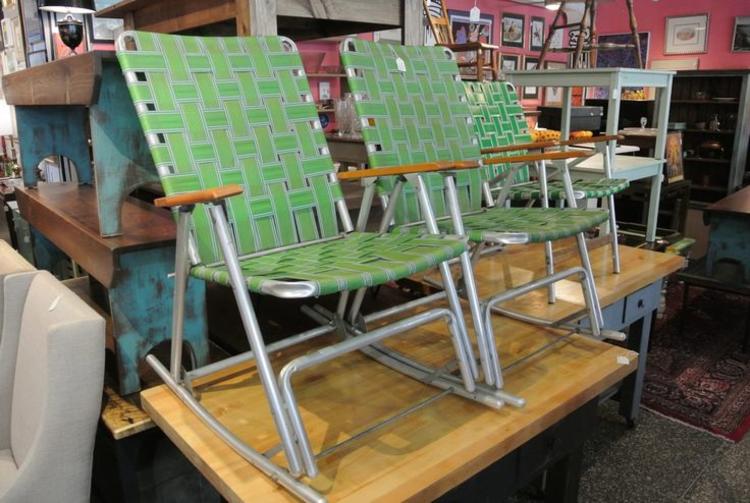 Retro vintage aluminum folding rocking chairs with green nylon back and seat