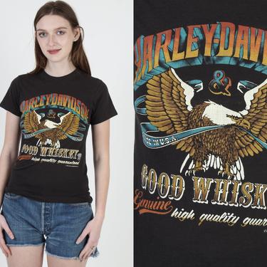 Vintage 80s Harley Davidson & Good Whiskey / Paper THIN Black Single Stitch Shirt / Old Harleys and Fine Whiskey Biker Tee 