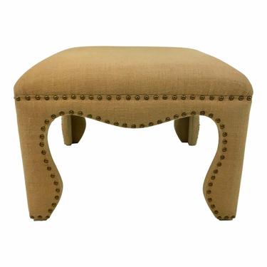 Transitional Burlap Ottoman With Antique Brass Nailheads