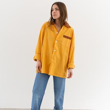 Vintage Yellow Brown 70s Long Sleeve Shirt | Contrast Color | Wrapped Buttons Simple Blouse | Cotton Work Shirt | M 