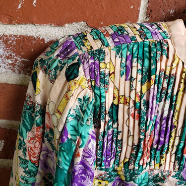 Vintage 80s Diane Freis Silk Top Blouse Puffy Sleeve Pleats Floral 