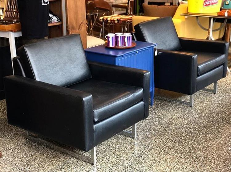                   Pair of black vinyl and chrome modern chairs