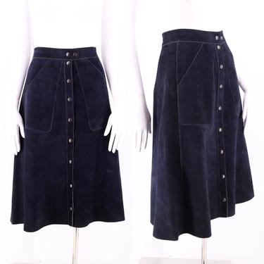 70s Navy Suede A line Snap Skirt  sz M / vintage 1970s hippy festival fall suede skirt 