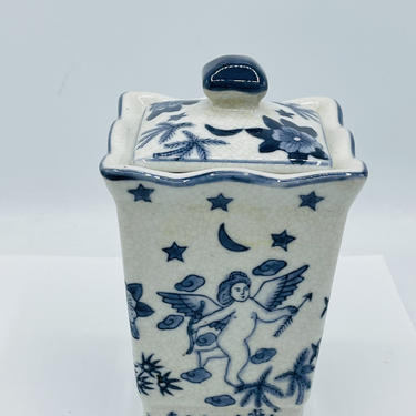 Vintage lidded Biscuit Jar Ceramic Angels and Flowers- Chip Free 