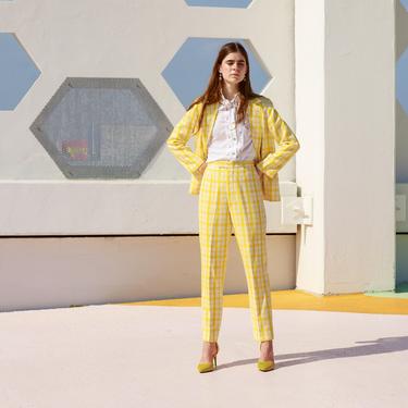 60s Bright Yellow Plaid Blazer Pant Suit Vintage High Waisted Checkered Matching Suit 