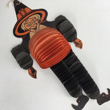 Vintage Accordian Witch, Halloween Witch Die Cut With Crepe Paper Accordian Body, Honeycomb Witch, Made In USA 