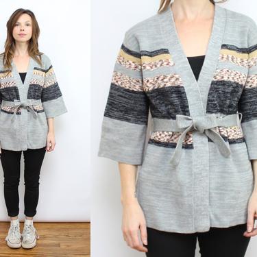 Vintage 70's Space Dyed Gray Open Front Cardigan Sweater / 1970's Wrap Front Cardigan with Bell Sleeves / Women's Size XS - Small by Ru