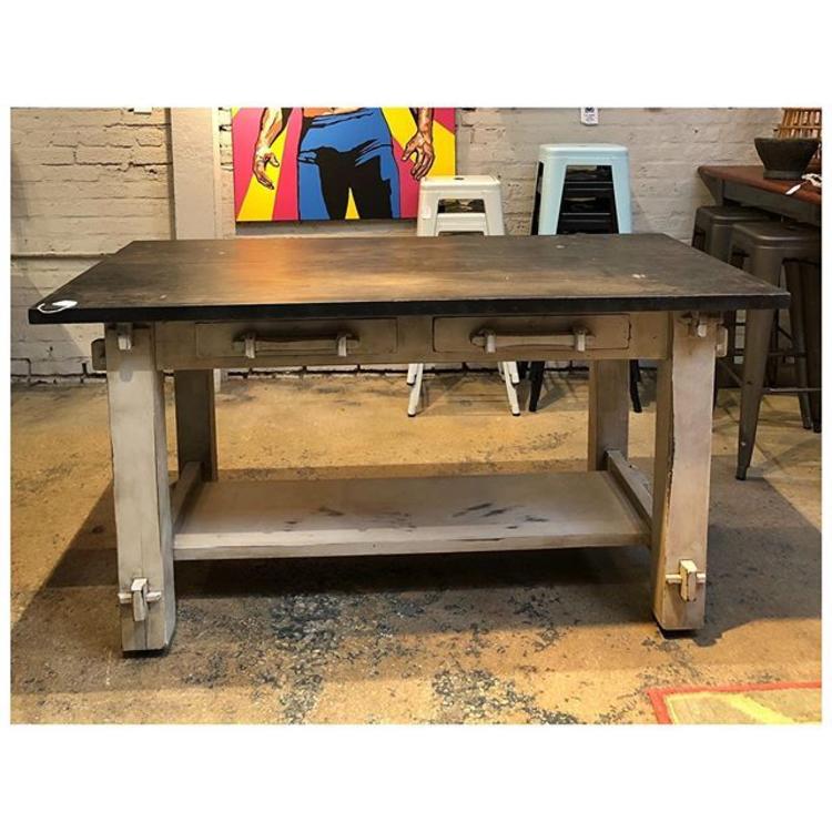 Rustic work table (one tier) on wheels with 2 drawers for storage. 60 L x 31.5 D x 31.5 H 