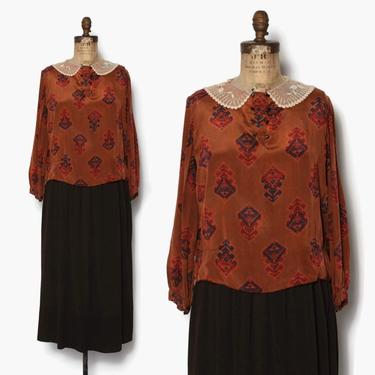Vintage 20s Silk 2 Pc Day Dress / 1920s Deco Print Rust Blouse with Brown Crepe Slip Dress 