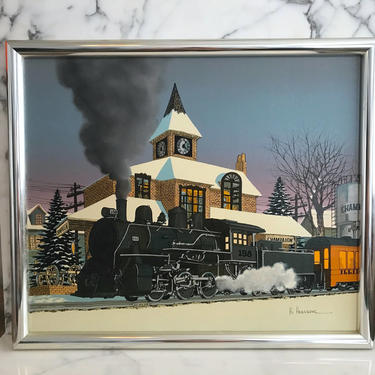 Vintage H. Hargrove Seriagraph on Canvas Painting CHAMPAIGN with Locomotive Train and Town Scene 