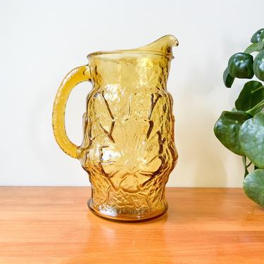Anchor Hocking Amber Glass Rainflower Pitcher / Vintage Mid Century Modern Retro Yellow Daisy Flower Jug / 60s Mod Groovy Bubble Glassware 