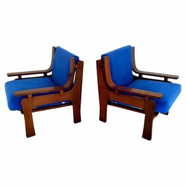 1960s Italian Pair Vintage Cobalt Blue Velvet Veneer Rosewood Modern Armchairs