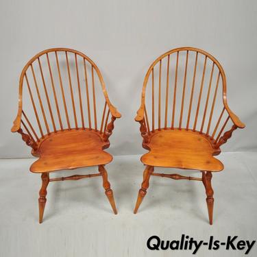 Pair Antique D.R. Dimes Wooden Windsor Bow Back Continuous Arm Dining Chairs