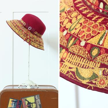 vintage 1970s wide brim hat • boho embroidered birds & abstract pattern burgundy red hat 