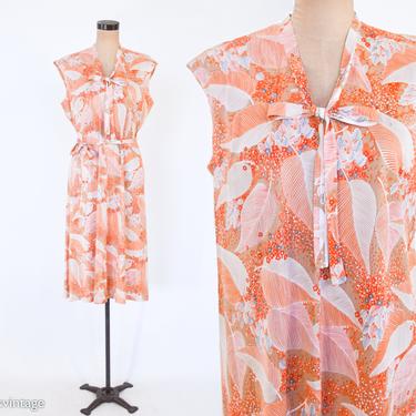 1960s Orange Floral Print Dress | 60s Orange & White Leaf Dress | Ducat | Large 