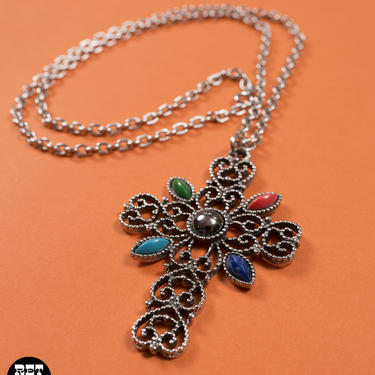 Vintage 60s 70s Silver Filigree Cross Pendant Necklace with Colorful Stones 