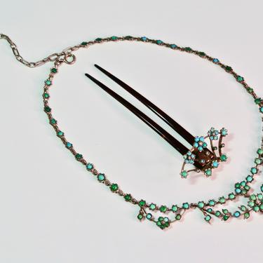 Edwardian Turquoise Festoon Necklace & Comb Demi-Parure, Antique Turquoise Set, Bridal Jewelry Set, Jugendstil Turquoise Set 