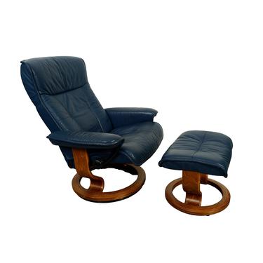 Ekornes Stressless Reclining Chair &amp; Ottoman Navy Blue Leather Norway Mid Century Modern 