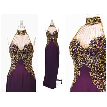 90s 00s Purple Silk Beaded Prom Dress Evening Gown XXS XS Small// Vintage 90s Prom Evening Pageant Dress Purple Gold Black Tie Oleg Cassini 