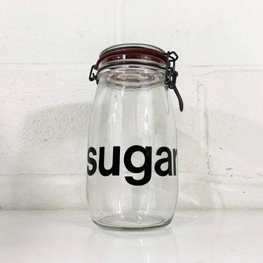 Vintage Glass Kitchen Canister MCM Typography Sugar Storage 1.5 Liter Triomphe France Hermetic Seal Top Metal Wire Bale Brown 