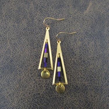 Brass triangle earrings, boho geometric dangle earrings, gypsy earrings, unique earrings, bohemian, rustic earrings, purple hematite earring 