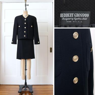 vintage 1990s womens suit • quilted black cotton 2 piece boxy jacket & skirt set 