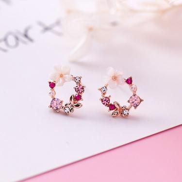 rose gold Flower stud earrings, Wreath stud earrings, floral stud earrings, sakura earrings, rose stud earrings,  dainty stud earrings E024 