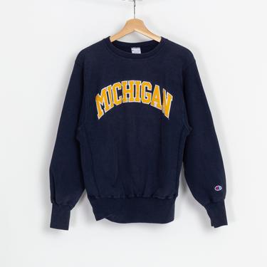 90s University Of Michigan Champion Reverse Weave Sweatshirt - Men&#39;s Small, Women&#39;s Medium | Vintage Unisex Navy Blue Collegiate Pullover 