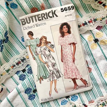 Vintage Butterick Sewing Pattern, Trumpet Style Flowy Dress, Statement Sleeves, Mid Calf Length, Vintage 80s 