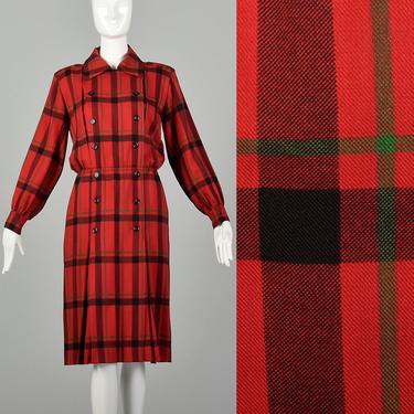 Small 1970s Yves Saint Laurent Rive Gauche Dress Red Plaid Long Sleeves Double Breasted 