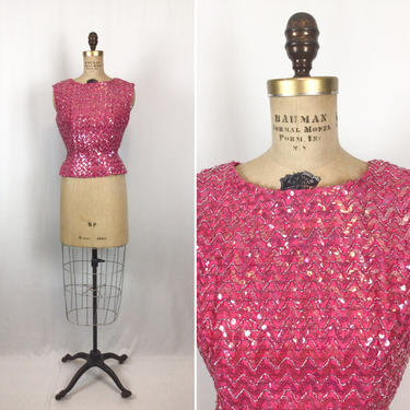 Vintage 60s Sweater | Vintage bright pink rainbow sequins sweater | 1960s herringbone midriff top 