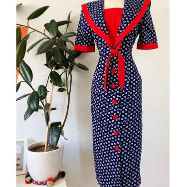 1980s Navy and White Sailor Nautical Themed Cotton Midi Dress- size med (available 1.3.22) 